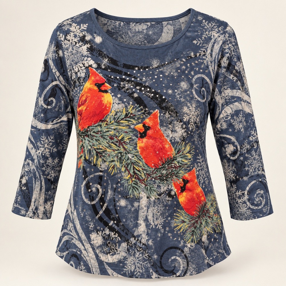 Morning Sun Cardinal Top Medium Blue Snowflake Rhinestone Winter Nature Graphic